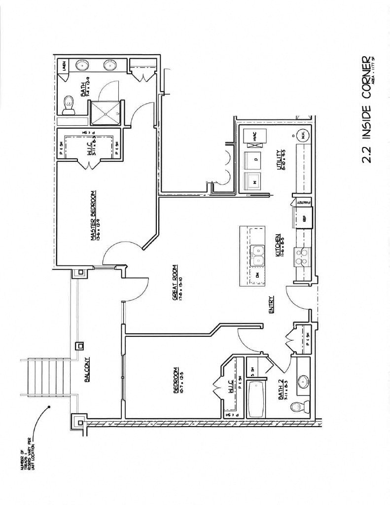 Floor plan for 2 beds, 2 baths, 1177 sqft